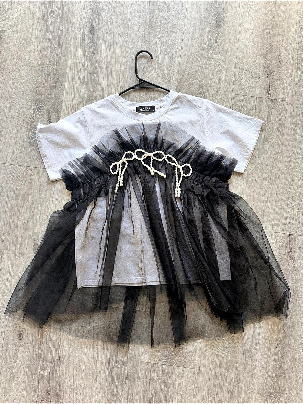 AKIRA Another Dreamer Embellished Tulle T Shirt White & Black